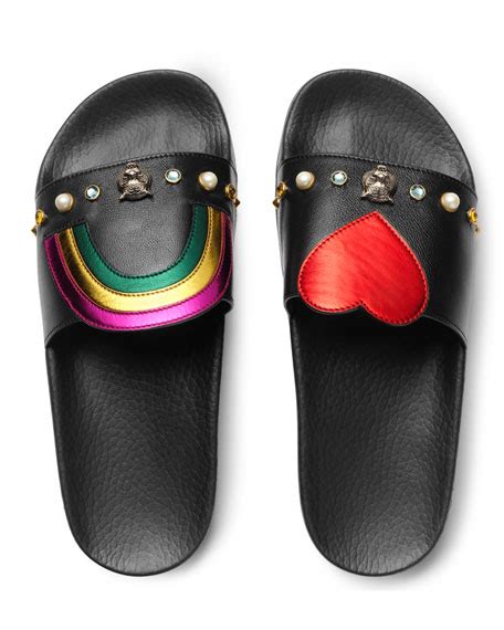 gucci flat pursuit heart & rainbow sandal slide black|flat Gucci sandals.